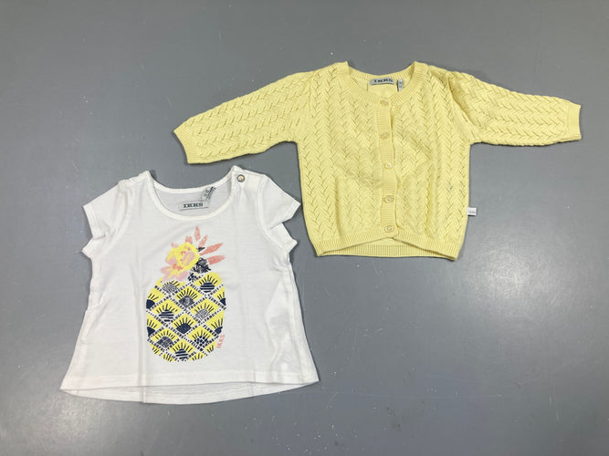Gilet jaune ajouré + T-shirt m.c blanc ananas, moins cher chez Petit Kiwi