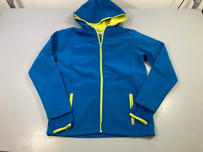 Veste zippée softshell extra light bleu capuche jaune fluo qques taches bas manches, moins cher chez Petit Kiwi