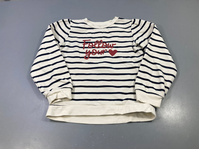 Sweat rayé écru marine, follow your heart, moins cher chez Petit Kiwi