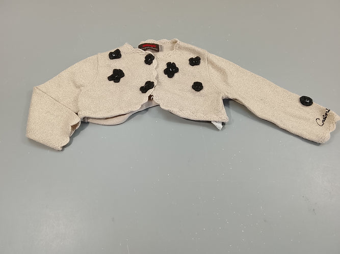 Boléro beige, fils dorés, fleurs noires, moins cher chez Petit Kiwi