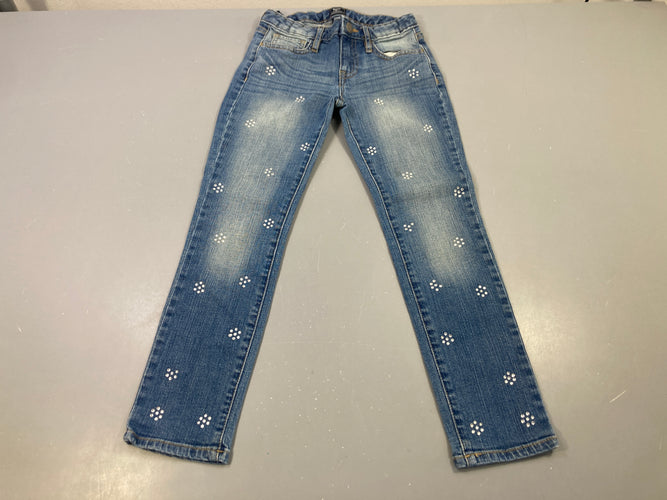 Pantalon jean bleu délavé, fleurs strass, moins cher chez Petit Kiwi