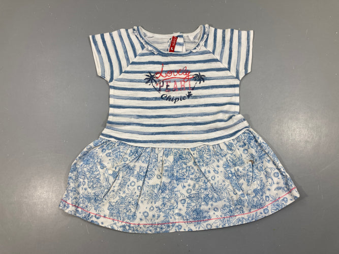 Robe m.c jersey blanc rayé bleu palmiers, moins cher chez Petit Kiwi