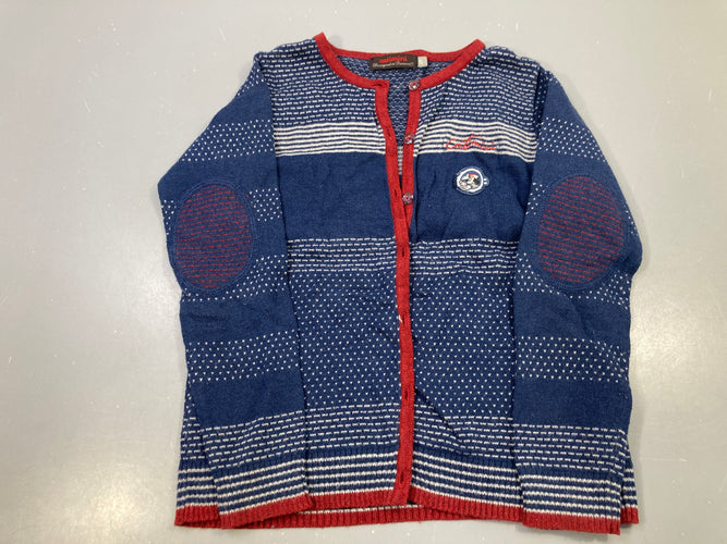 Gilet bleu marine rayé blanc, bordure rouge, 5% angora, moins cher chez Petit Kiwi