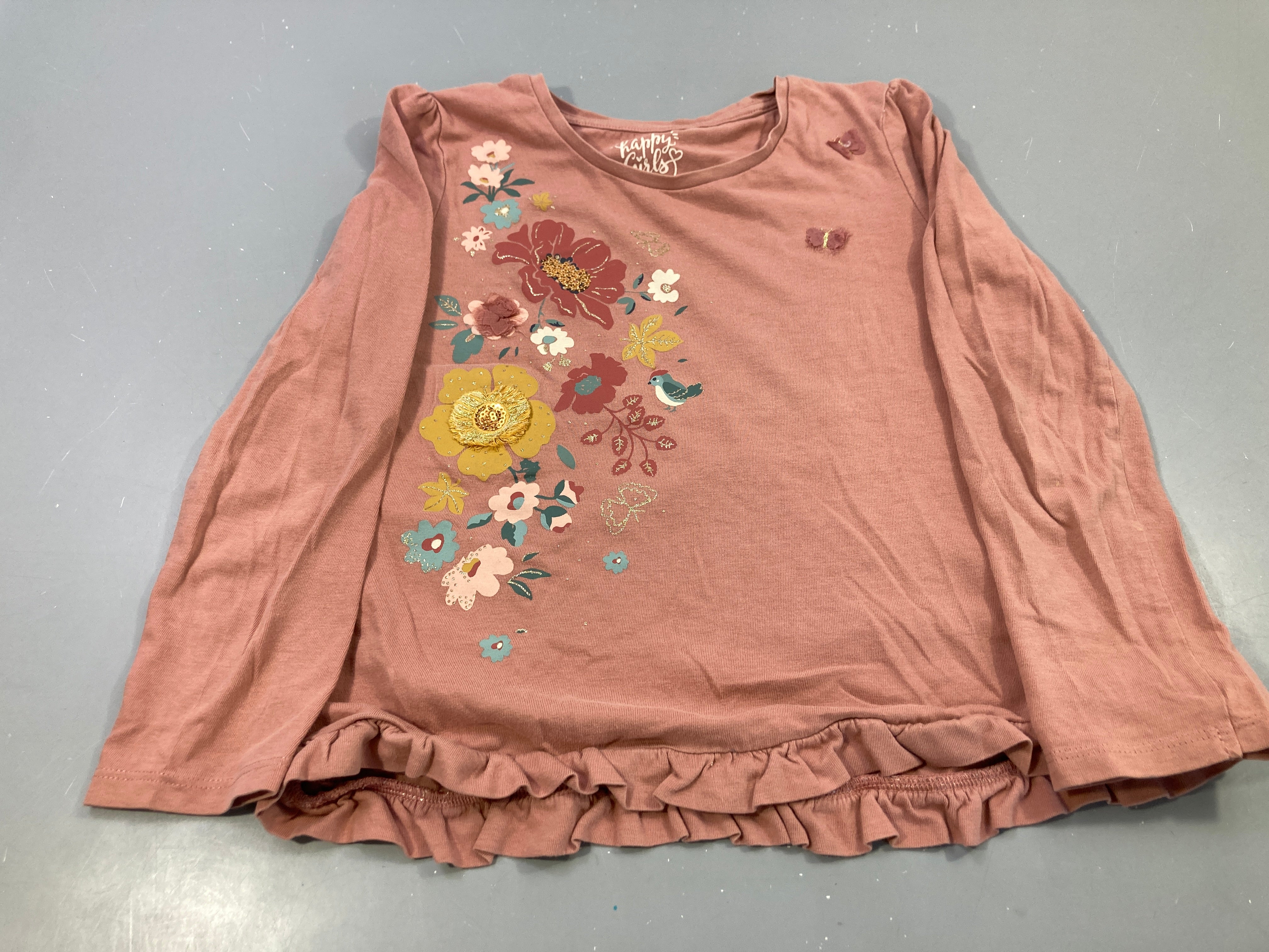 T-shirt m.l vieux rose fleurs, volants, papillons brodés, Happy Girls