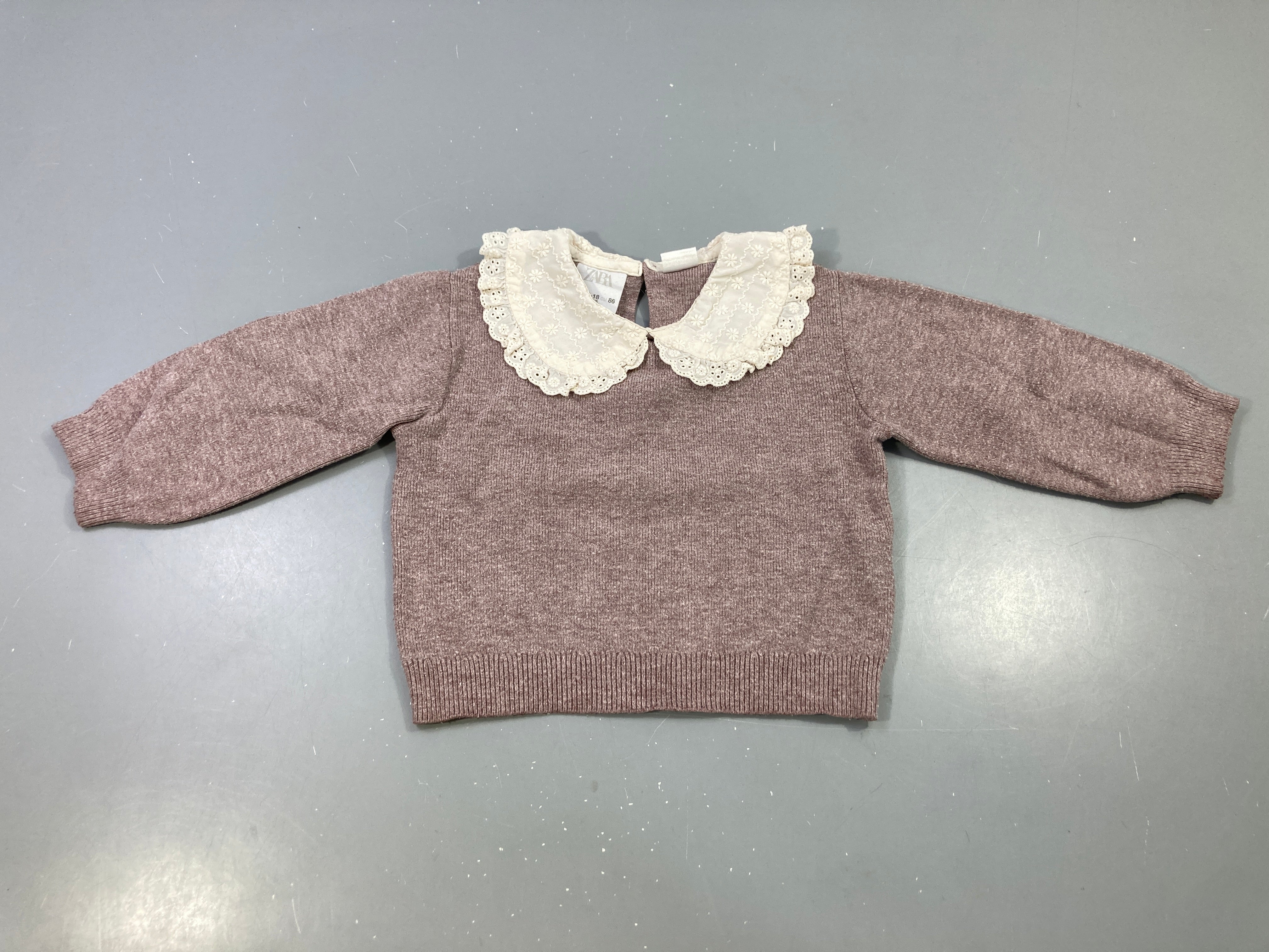 Pull mauve chine col claudine dentelle, bouloché
