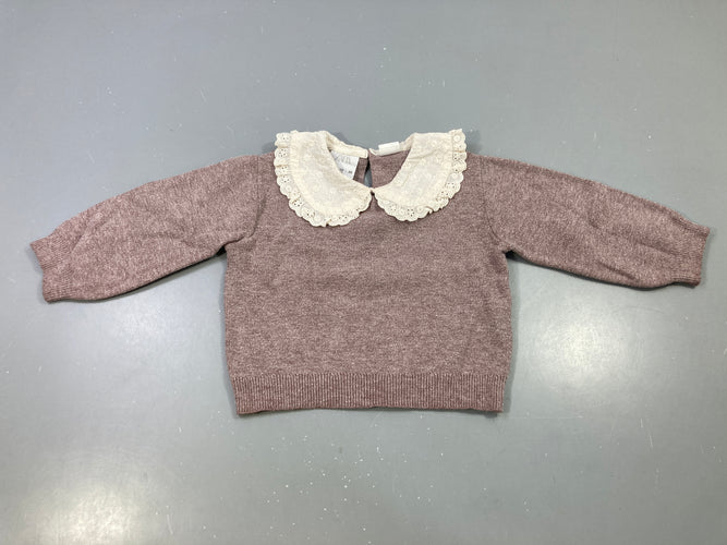 Pull mauve chine col claudine dentelle, bouloché, moins cher chez Petit Kiwi
