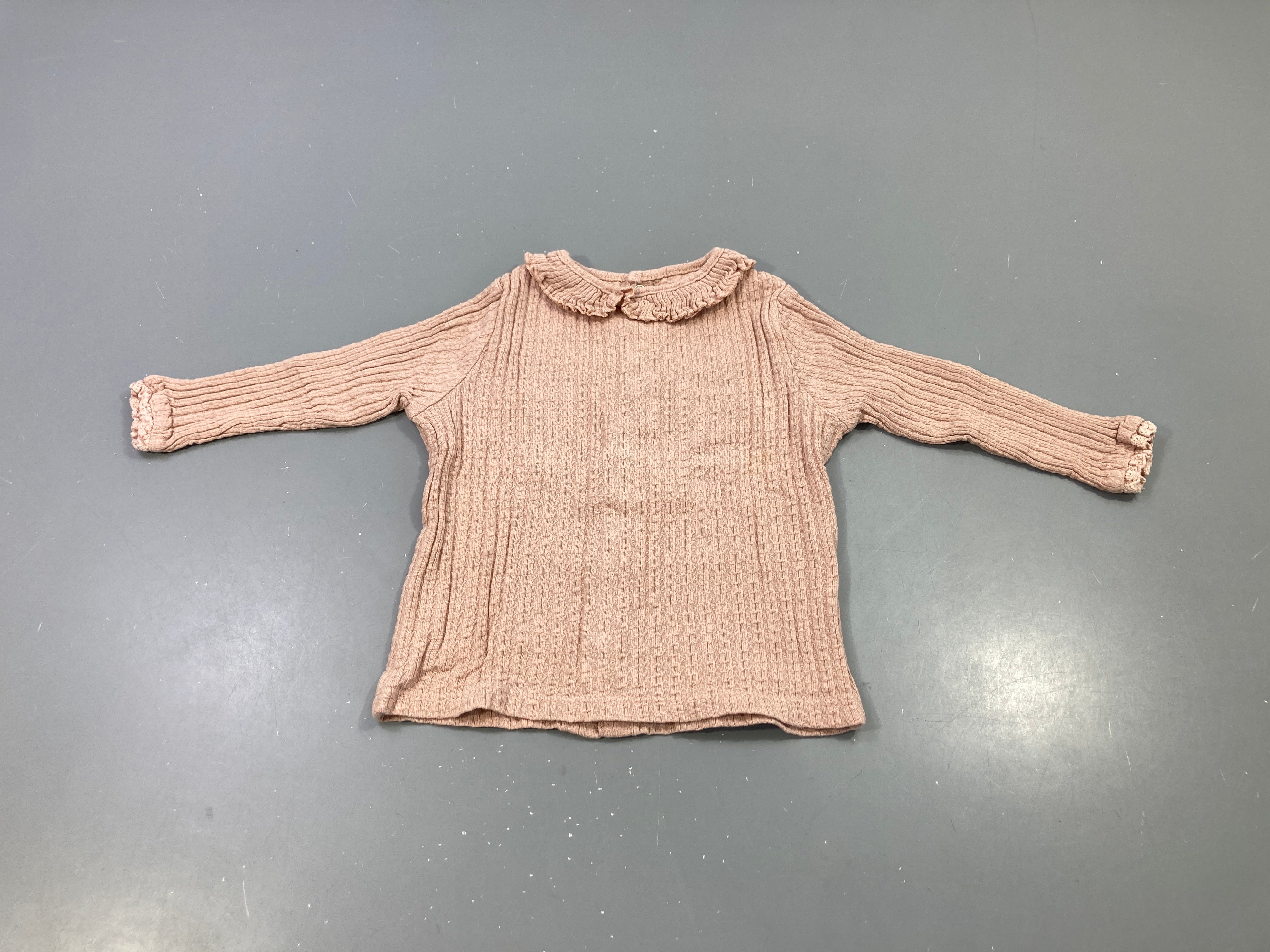 T-shirt m.l côtes rose col volanté