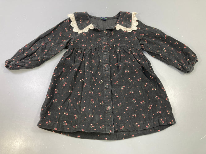 Robe m.l velours côtelé grise foncé fleurie col dentelle, moins cher chez Petit Kiwi