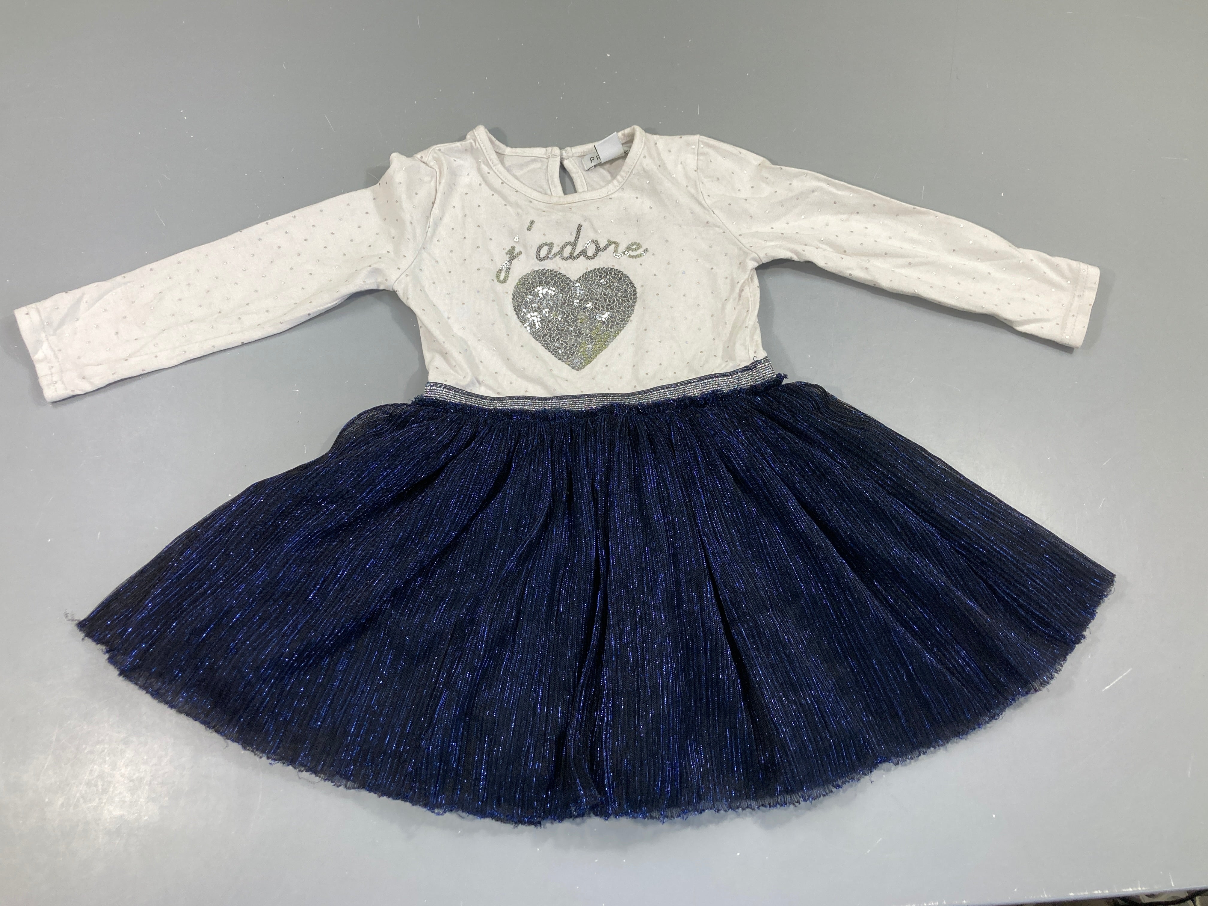 Robe m.l bi-matière blanc jersey haut J'adore sequins argenté bas bleu plissée
