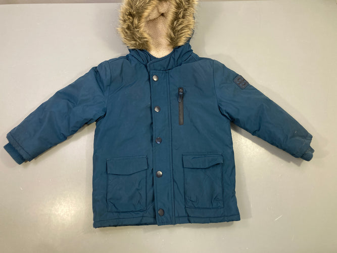 Veste parka fausse fourrure bleu marine capuche, moins cher chez Petit Kiwi