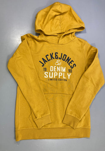 Sweat capuche jaune moutarde logo, moins cher chez Petit Kiwi