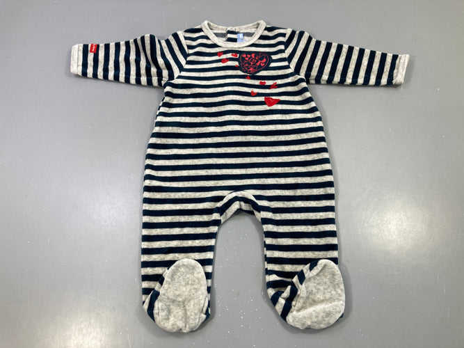 Pyjama rayé gris/marine, coeur Minnie brodé, taches coeurs rouges, moins cher chez Petit Kiwi