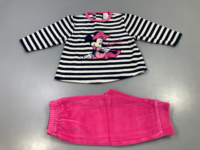 Pyjama 2pcs rayé marine/blanc, Minnie brodée, pantalon fuchsia, moins cher chez Petit Kiwi