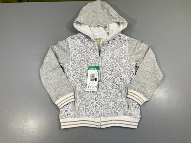 NEUF sweat zippé gris dentelle à capuche, moins cher chez Petit Kiwi