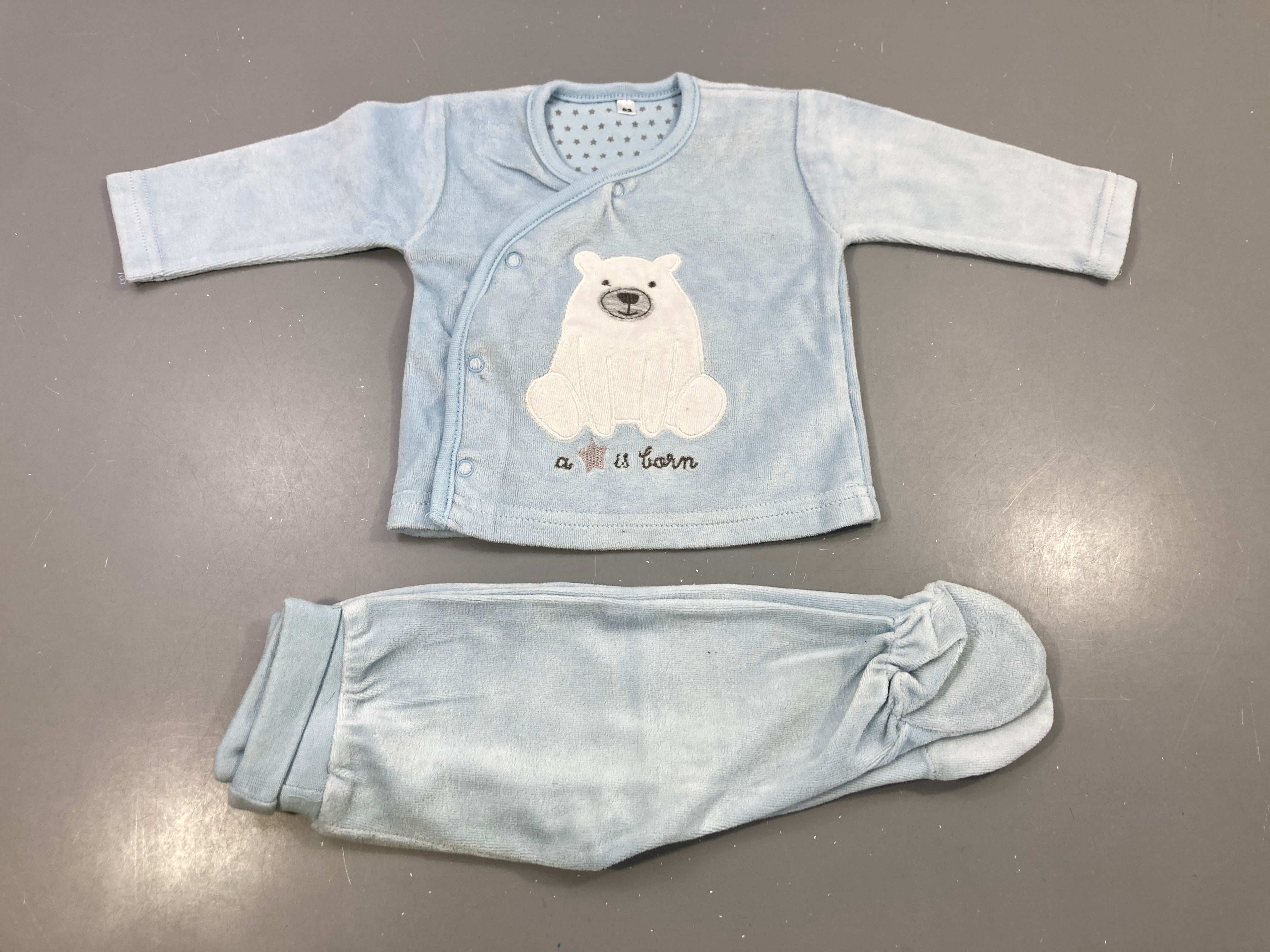 Pyjama velours bleu ciel, ourson polaire brodé
