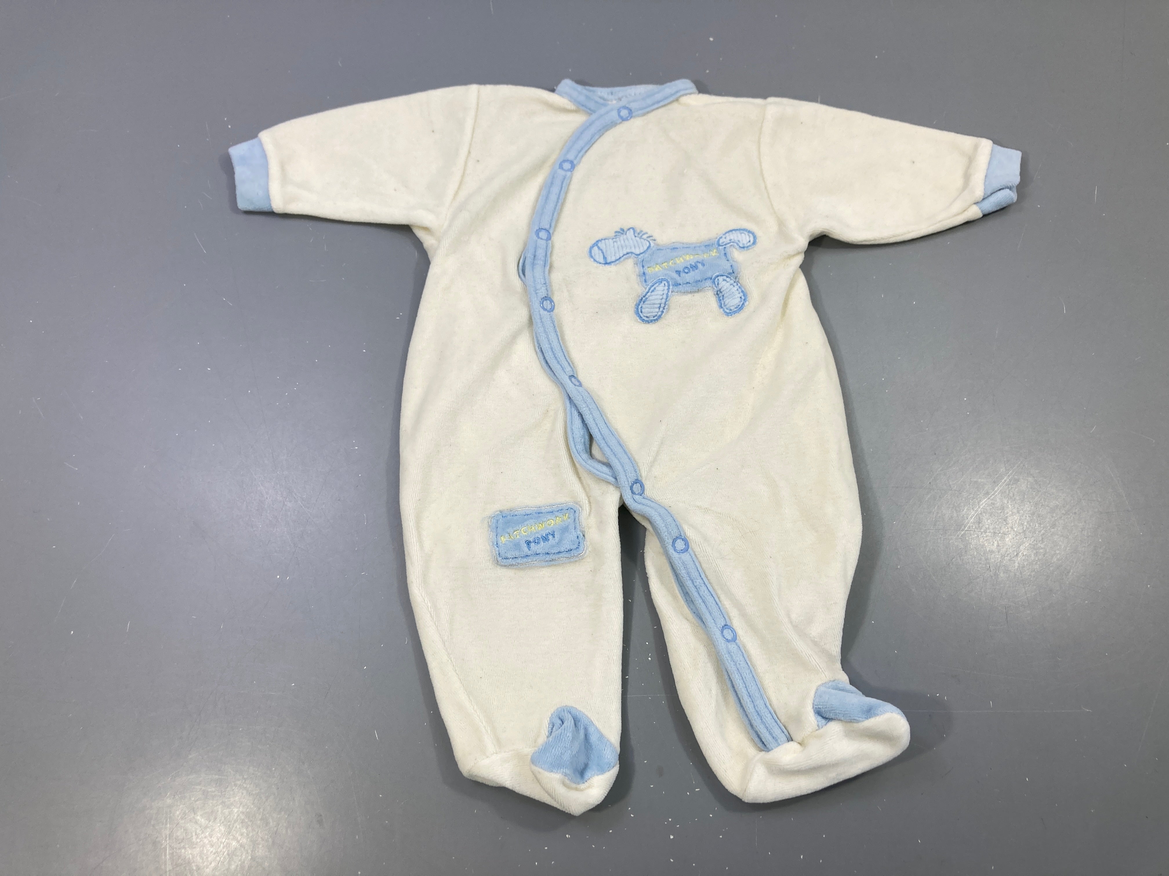 Pyjama écru velours, poney patchwork bleu