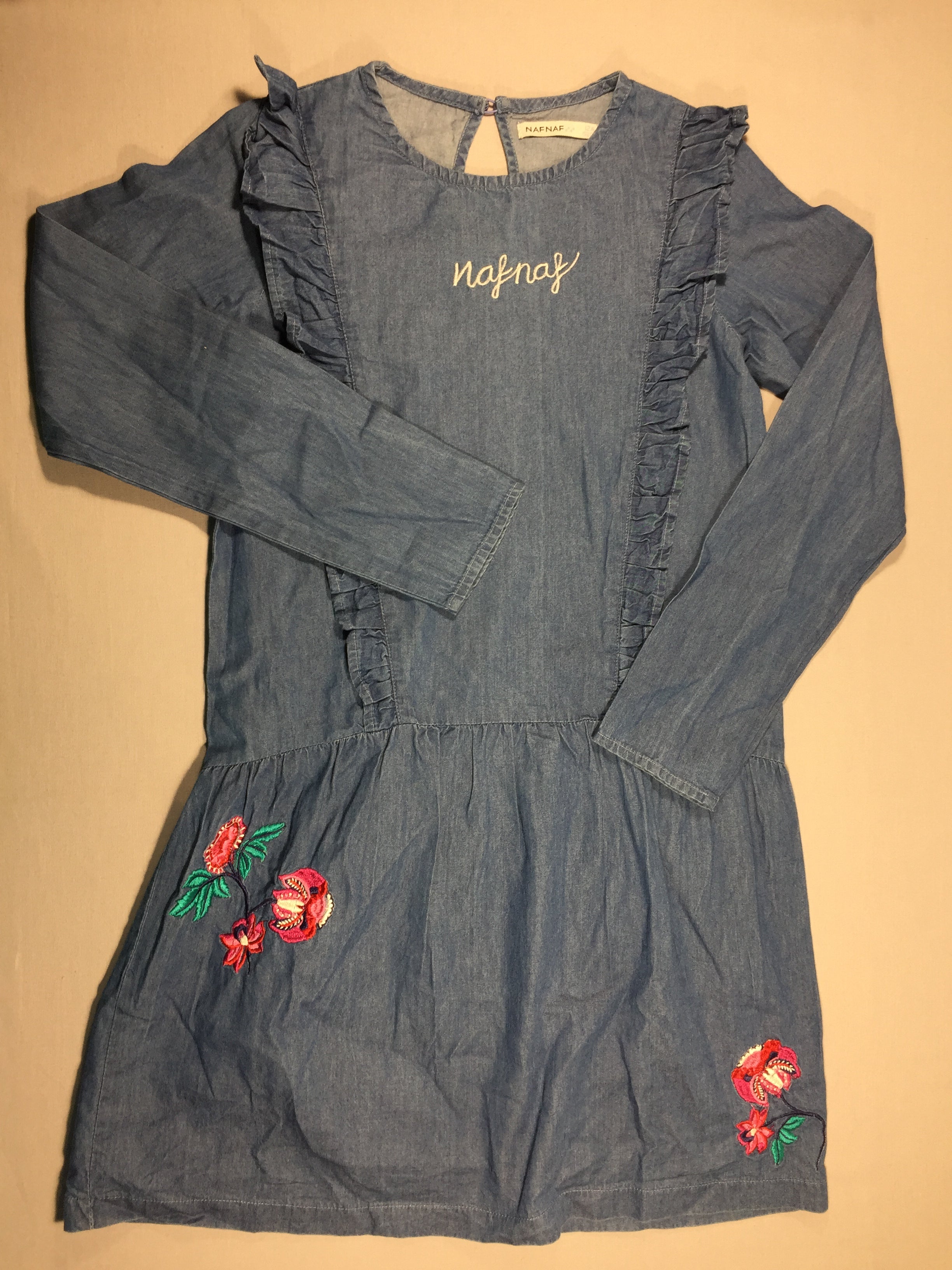 Robe m.l style jean - volants et fleurs brodées rose/blanc/fushia