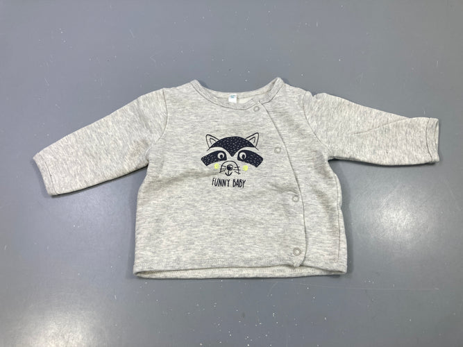 Gilet gris chiné, raton laveur brodé 'Funny Baby', moins cher chez Petit Kiwi