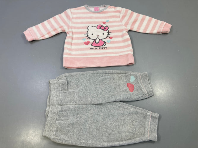 Ensemble 2pcs rayé rose/blanc, pantalon gris chiné coeurs, Hello Kitty, moins cher chez Petit Kiwi