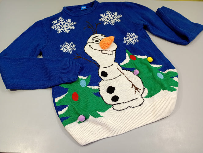 Pull de Noël bleu Olaf ,nez carotte en relief, un peu bouloché, moins cher chez Petit Kiwi