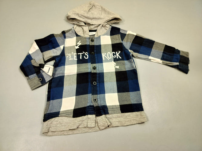 Chemise m.l  à capuche à carreaux blanc, bleu marine, gris " Let's rock", moins cher chez Petit Kiwi