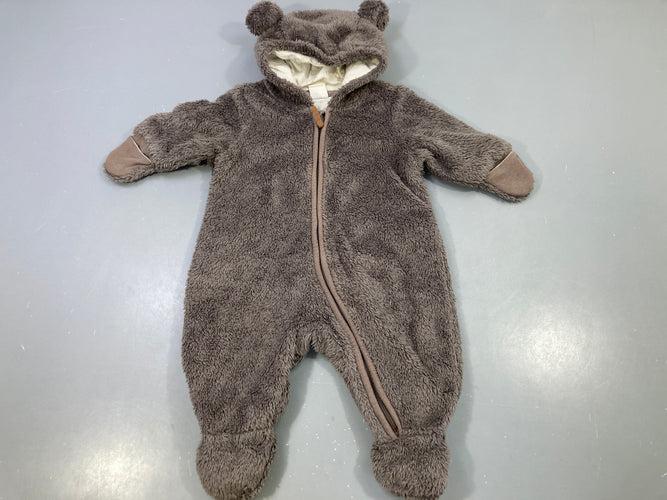 Combinaison peluche taupe capuche oreilles ours, moins cher chez Petit Kiwi