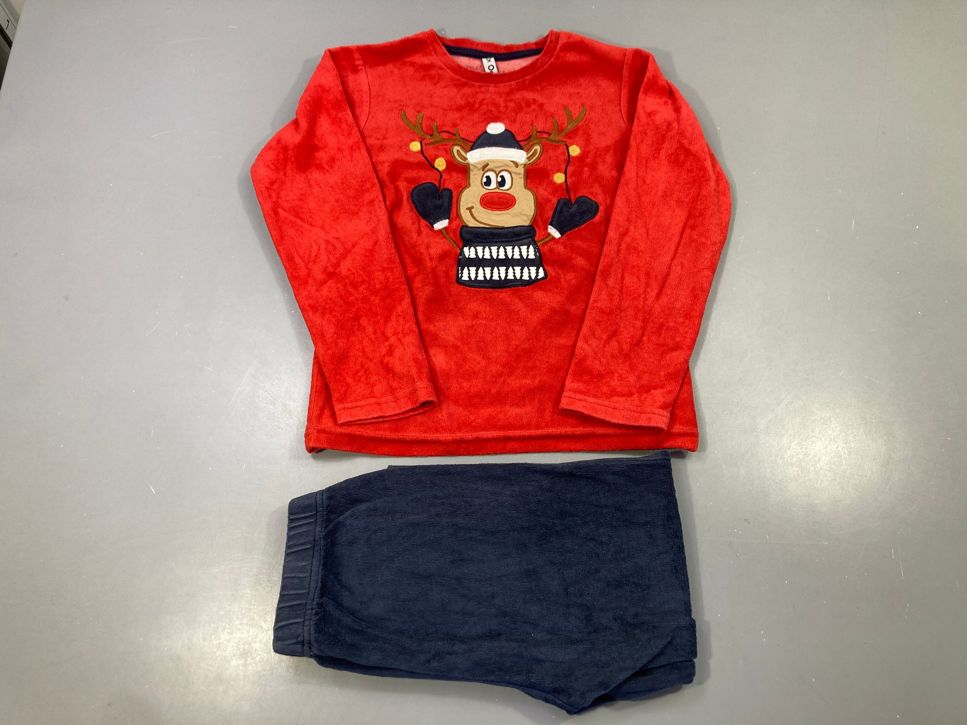 Pyjama 2pcs velours rouge/marine, renne brodé Noël
