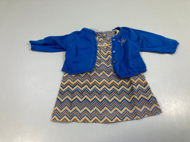 Robe m.c velours côtelé grise pois + gilet bleu, bouloché, moins cher chez Petit Kiwi