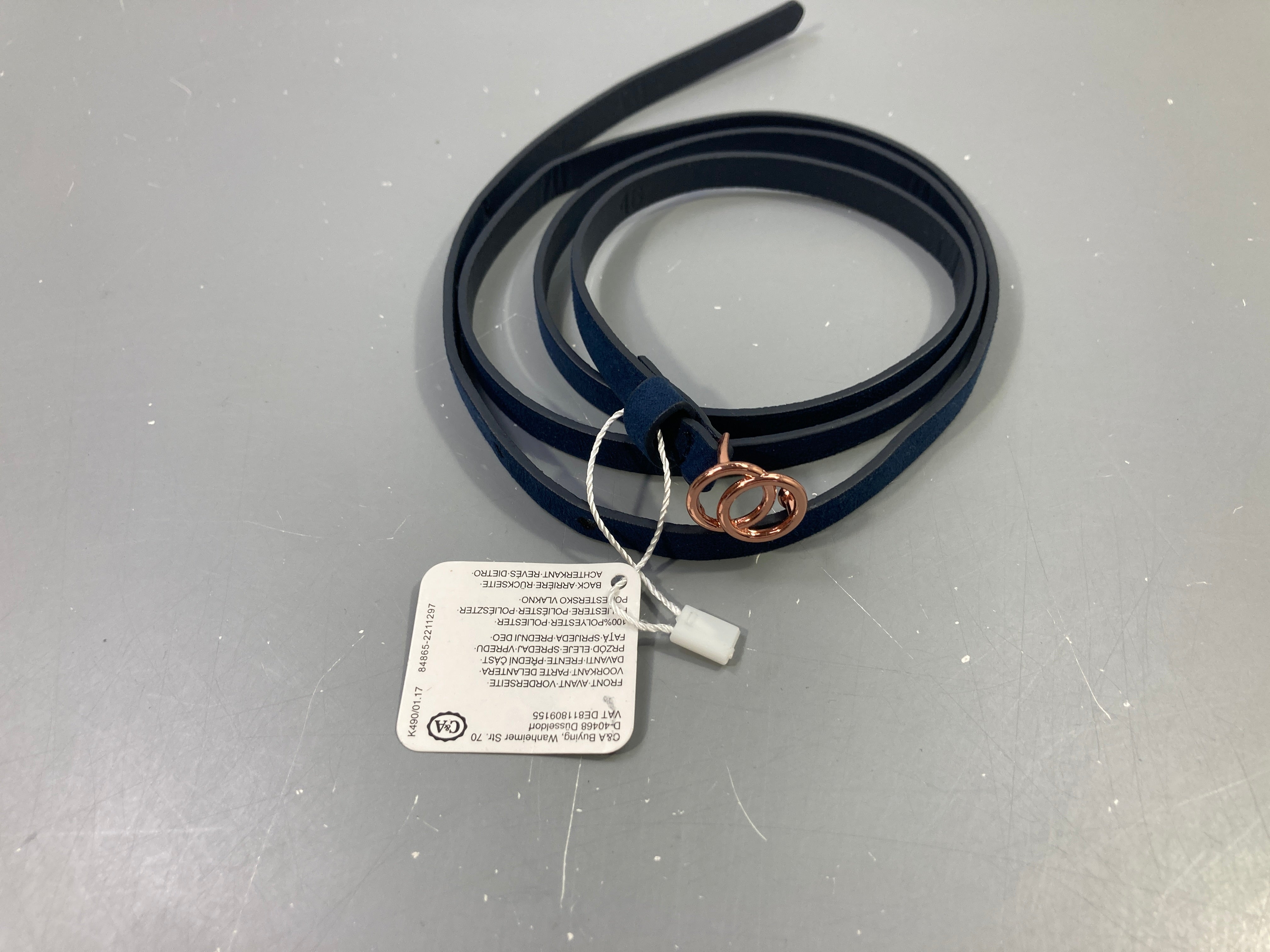 NEUF Ceinture fine marine, boucle anneaux dorés