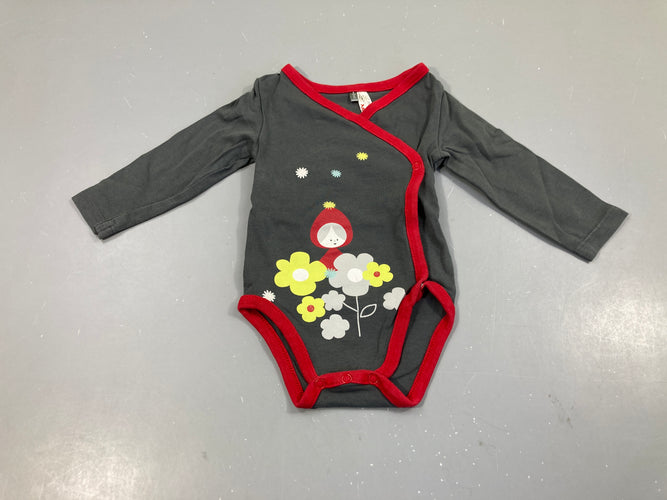 Body m.l gris foncé fleur chaperon rouge, croisé sur le devant, moins cher chez Petit Kiwi
