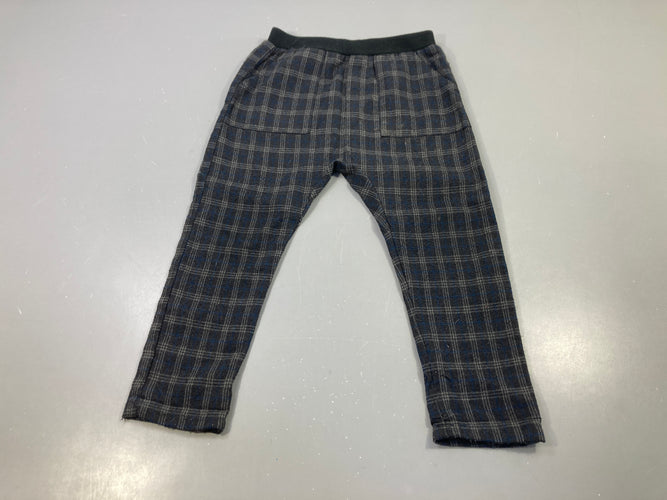 Pantalon à carreaux gris/bleu, poches, taille élastique, bouloché, moins cher chez Petit Kiwi