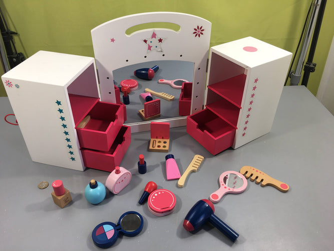 Coiffeuse lumineuse en bois blanc/rose fleuri + accessoires - fonctionne, moins cher chez Petit Kiwi