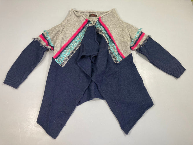 Gilet gris/bleu foncé/rose floches, 11% laine, légèrement bouloché, moins cher chez Petit Kiwi