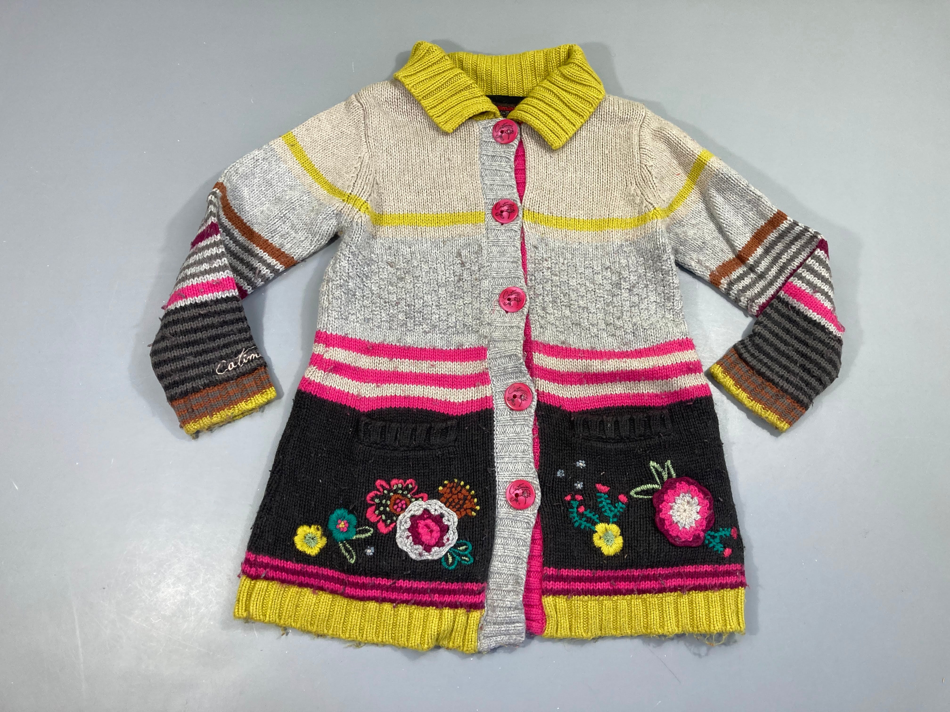 Gilet long gris rayé rose/brun/vert/anis fleurs, 9% angora, bouloché