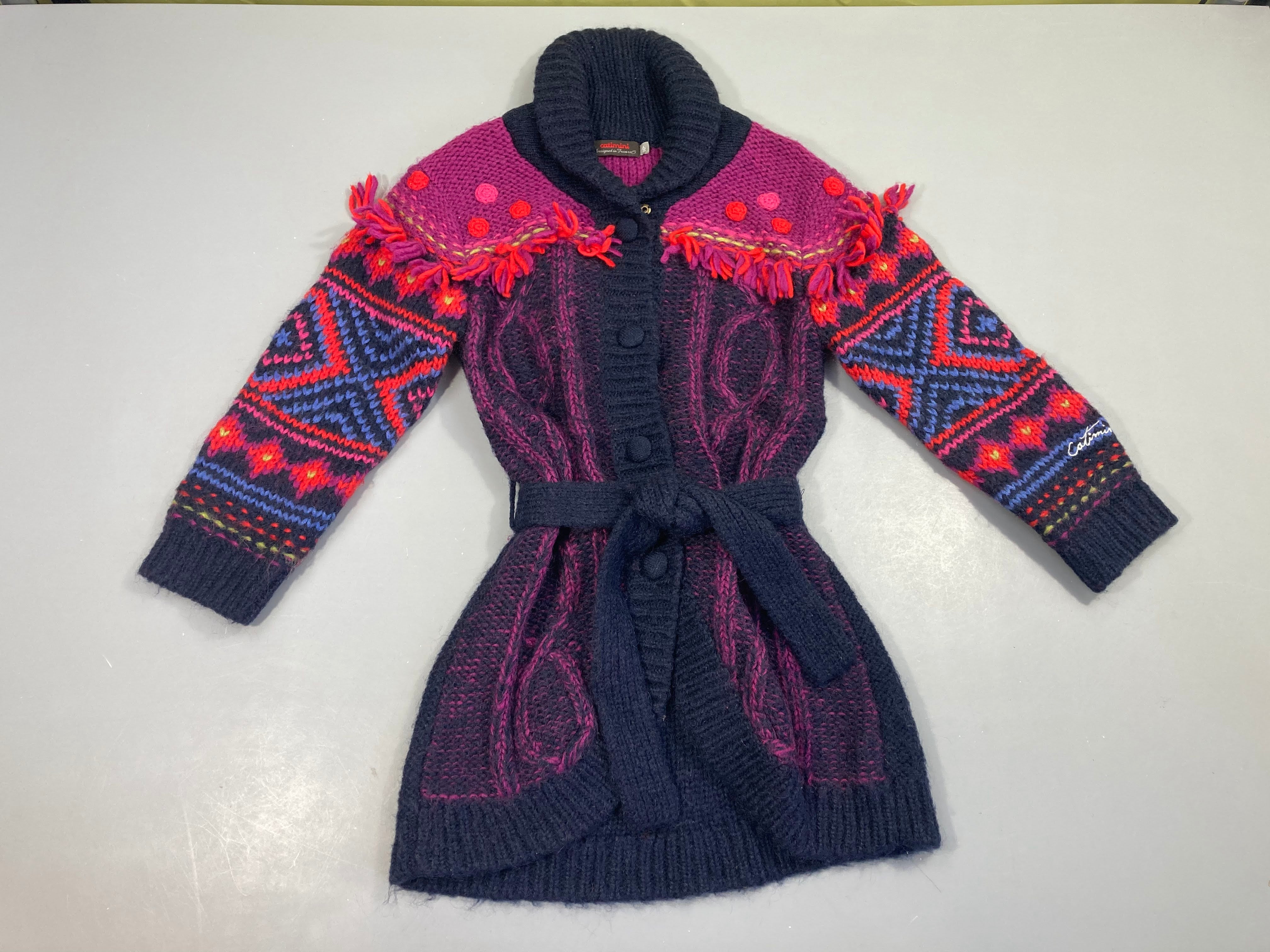 Gilet long col châle bleu foncé/mauve floches ceinture, 19% laine 13% mohair