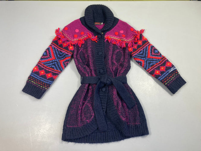 Gilet long col châle bleu foncé/mauve floches ceinture, 19% laine 13% mohair, moins cher chez Petit Kiwi