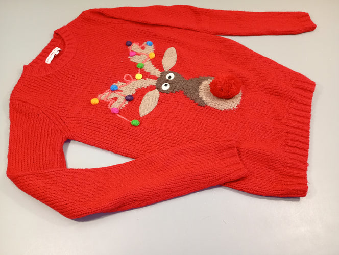 Pull tricot de Noël rouge, renne , pompons. Légèrement bouloché T 34, moins cher chez Petit Kiwi