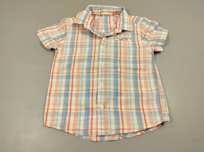Chemise m.c blanche à carreaux bleu et rose 100% coton, moins cher chez Petit Kiwi