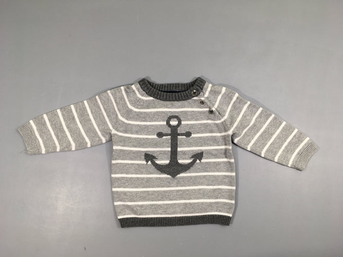 Pull gris rayé blanc encre, légèrement bouloché, moins cher chez Petit Kiwi