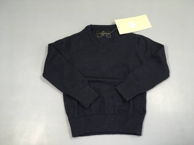 NEUF Pull col V bleu foncé, 80% laine, moins cher chez Petit Kiwi