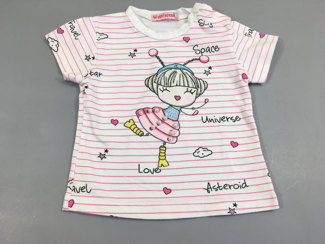T-shirt m.c blanc rayé rose, petite fille avec perles et strass, moins cher chez Petit Kiwi