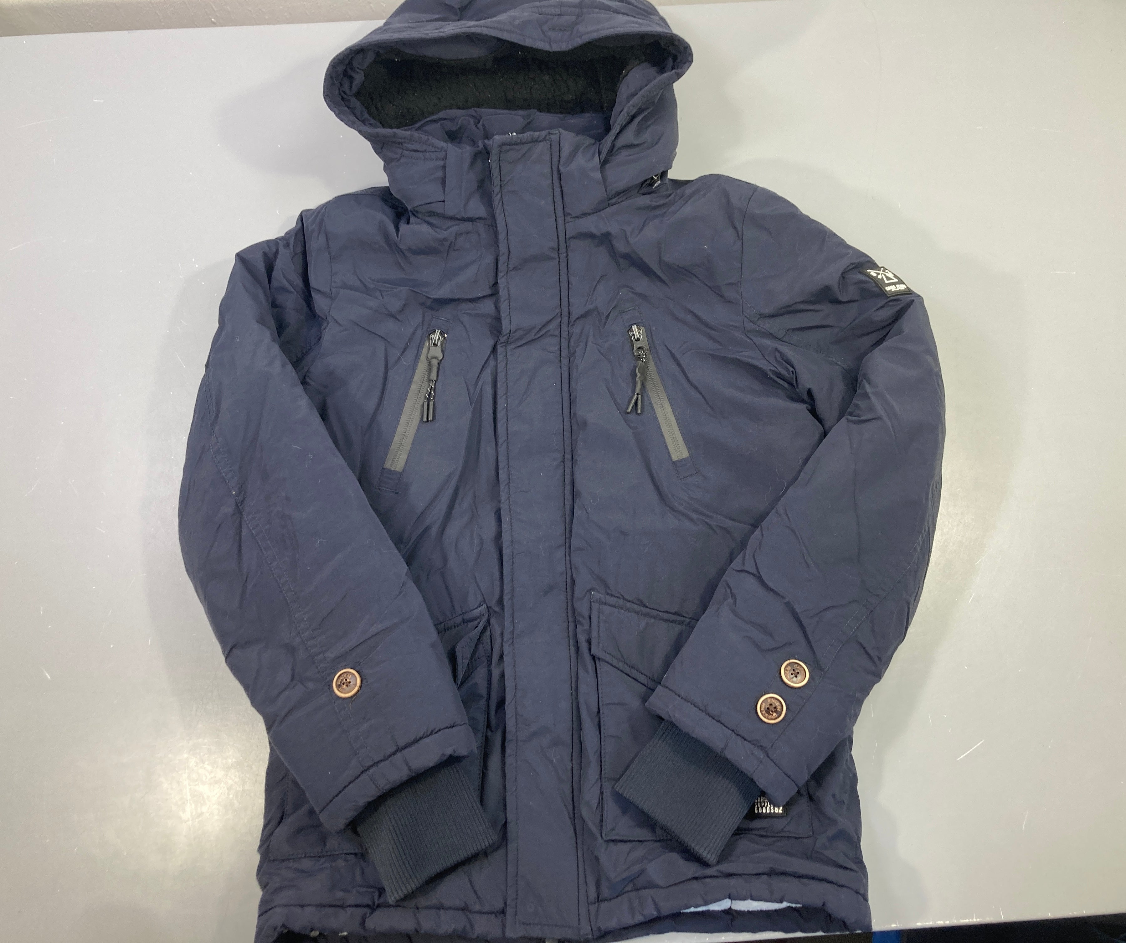 Veste capuche bleu marine zippé poches zippées