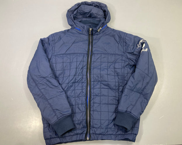 Veste matelassé bleu marine zippé capuche broderie manche, moins cher chez Petit Kiwi