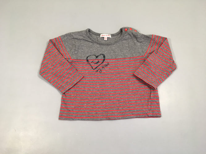 T-shirt m.l gris chiné rayé rose coeur, légèrement bouloché, moins cher chez Petit Kiwi