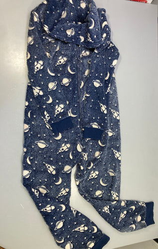 Pyjama combinaison bleu marine espace planètes fusées, bouloché, moins cher chez Petit Kiwi