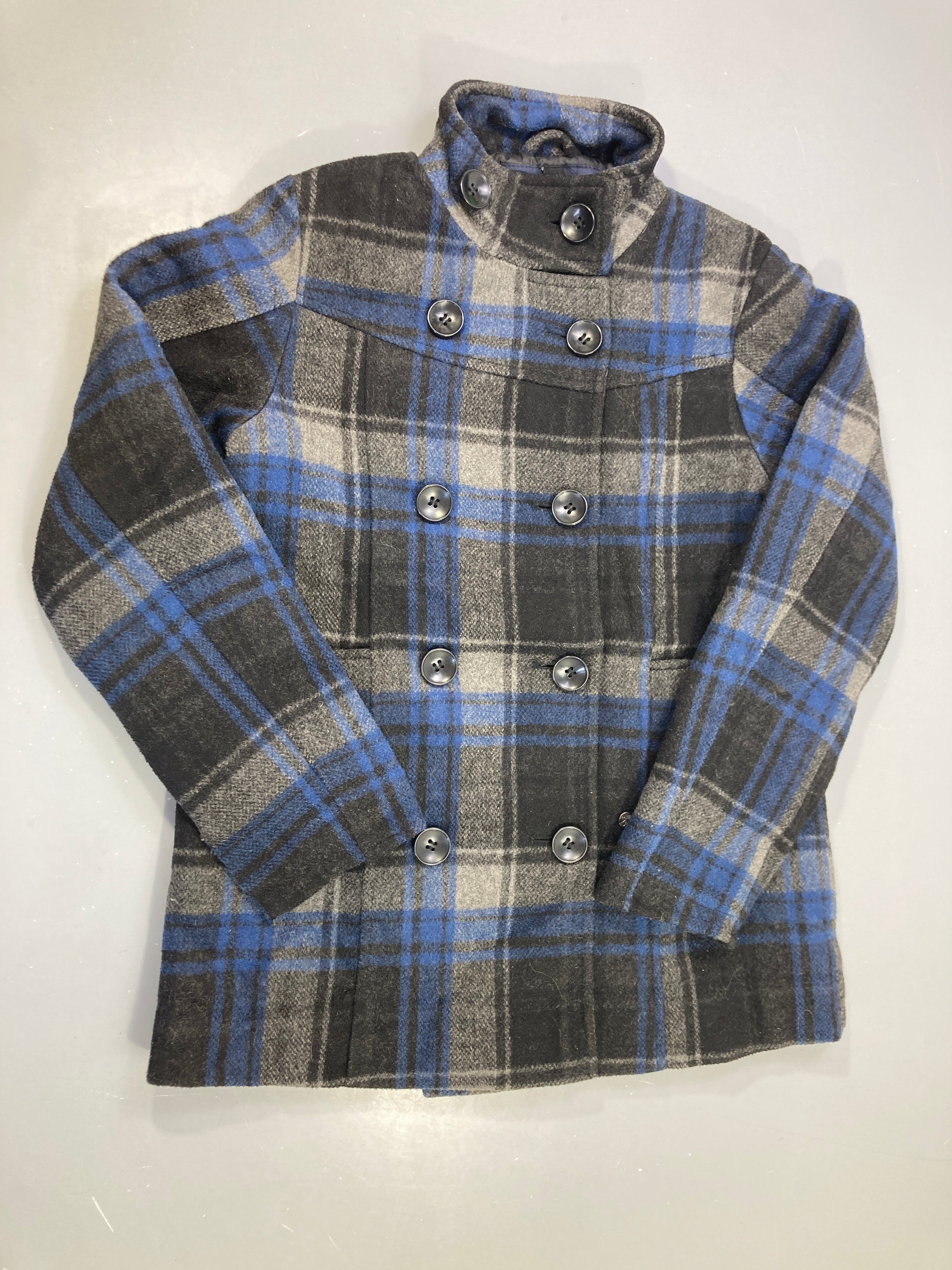 Manteau caban laine gris carreaux bleu, 50% laine