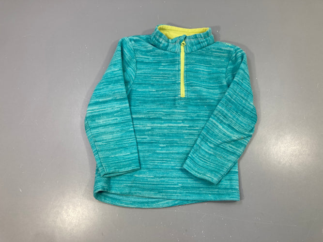 Pull polaire 1/4 zip bleu turquoise chiné, zip jaune citron, doublure jaune au col, moins cher chez Petit Kiwi