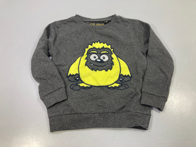 Sweat gris chiné, monstre jaune-noir brodé effet velours, Lemon, moins cher chez Petit Kiwi