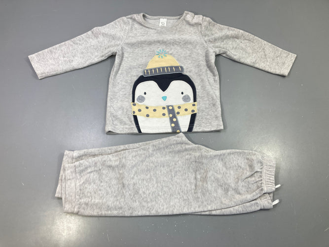 Pyjama 2pcs polaire gris chiné, imprimé pingouin bonnet écharpe pois, moins cher chez Petit Kiwi
