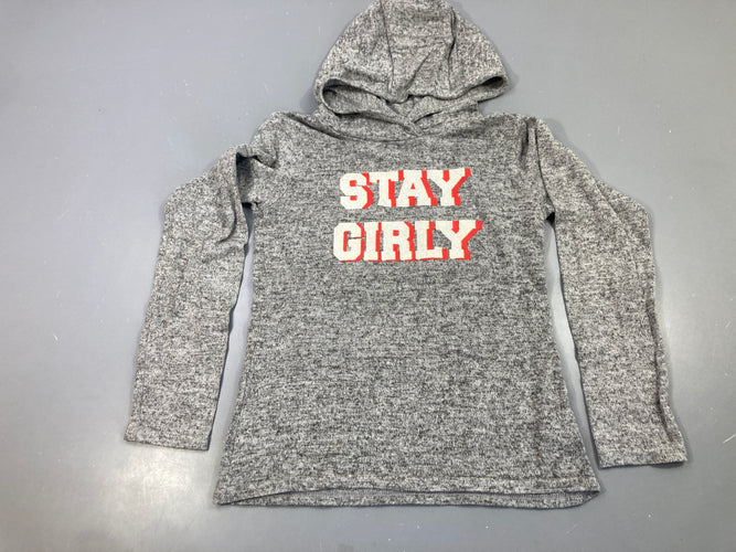 Pull léger capuche gris chiné,Floc un peu craquelé Stay Girly rouge/blanc, moins cher chez Petit Kiwi
